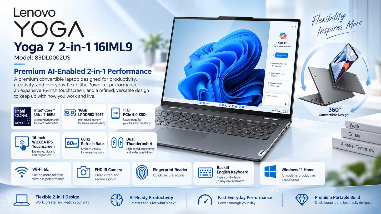 Lenovo Yoga 7 2-in-1 16IML9 83DL0002US AI Laptop, Intel Core Ultra 7 155U, 16GB LPDDR5X-7467, 1TB PCIe 4.0 SSD, 16-inch WUXGA IPS 60Hz Touchscreen, Intel Graphics, Windows 11 Home, Backlit English Keyboard, Storm Grey | 83DL0002US